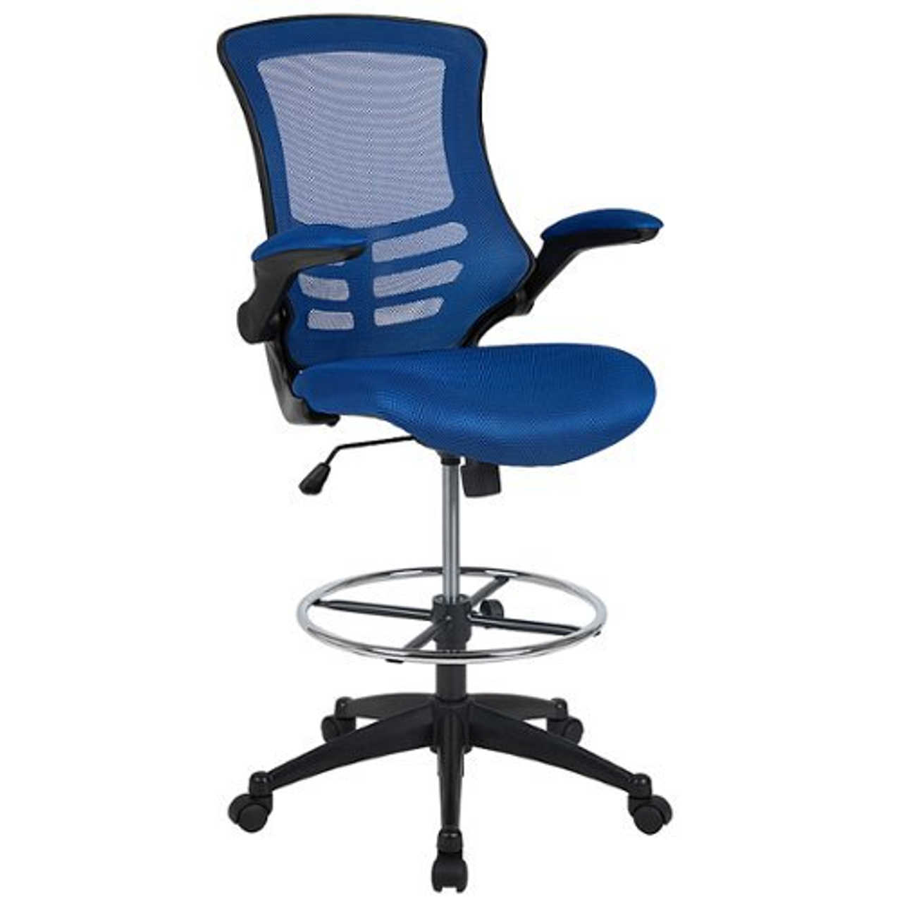 Flash Furniture - Mid-Back Ergonomic Drafting Chair with Adjustable Foot Ring and Flip-Up Arms - Blue Mesh