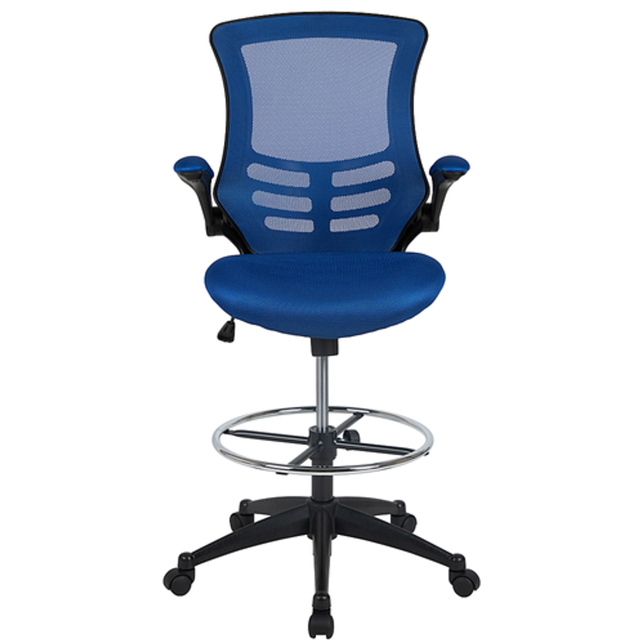 Flash Furniture - Mid-Back Ergonomic Drafting Chair with Adjustable Foot Ring and Flip-Up Arms - Blue Mesh