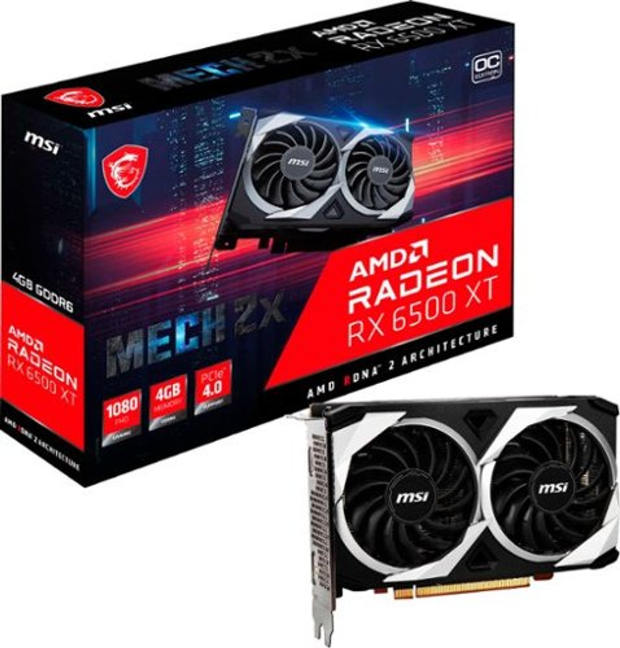 MSI - AMD Radeon RX 6500 XT Mech 2X 4G OC - 4GB GDDR6 - PCI Express 4.0 - Graphics Card