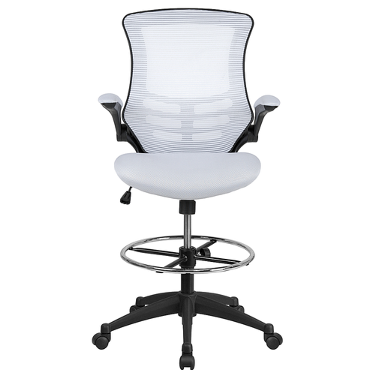 Flash Furniture - Mid-Back Mesh Ergonomic Drafting Chair with Adjustable Foot Ring and Flip-Up Arms - White Mesh