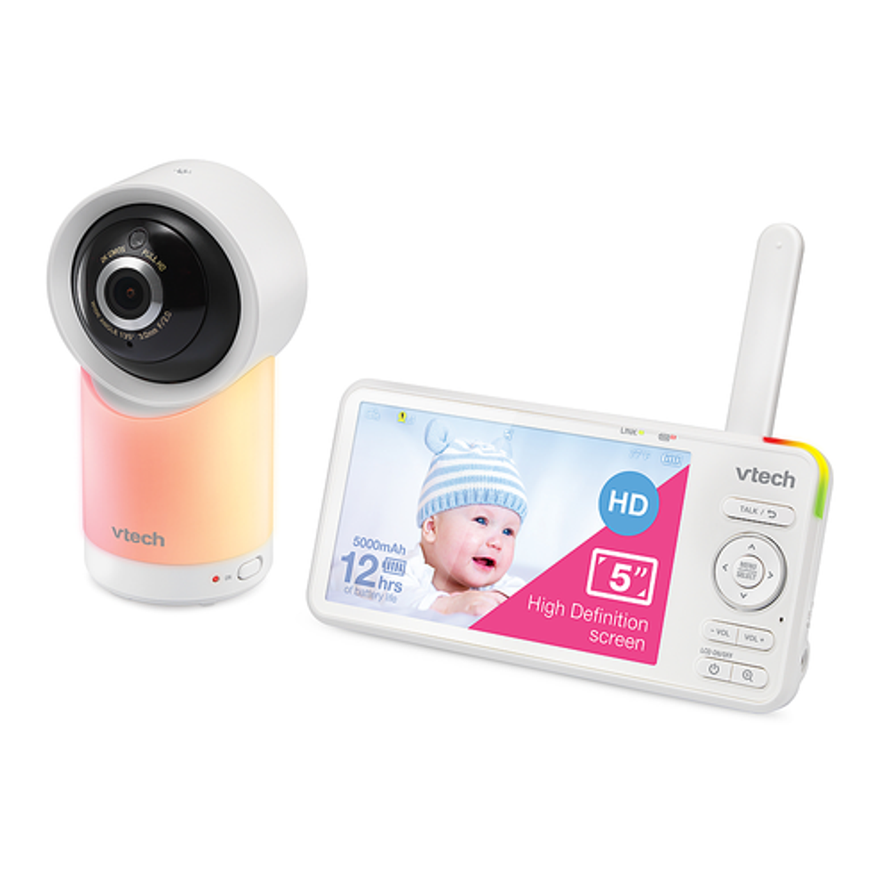 VTech - 1080p Smart WiFi Remote Access 360 Degree Pan & Tilt Video Baby Monitor with 5” Display, Night Light - White