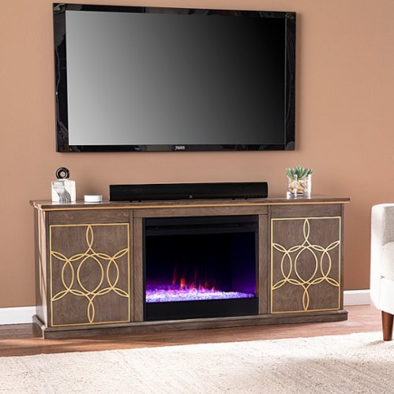 Southern Enterprises - Yardlynn Color Changing Fireplace-Media Storage - Brown and gold finish