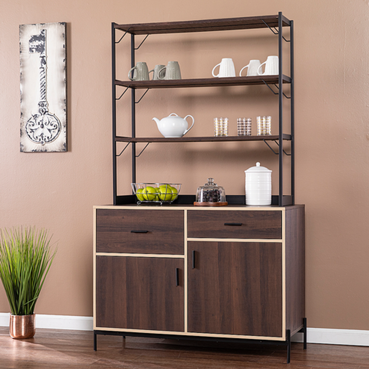 Southern Enterprises - Attingham Kitchen Storage Shelf - Brown, black, and natural finish