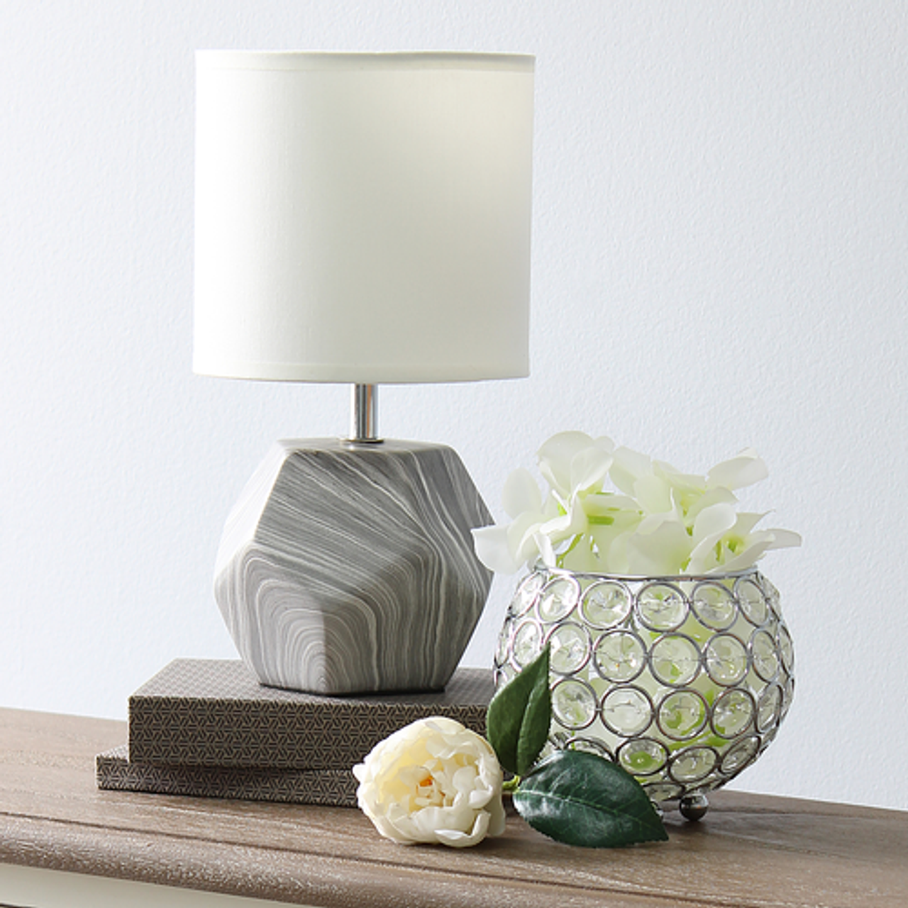 Simple Designs Round Prism Mini Table Lamp with White Fabric Shade - Marbled