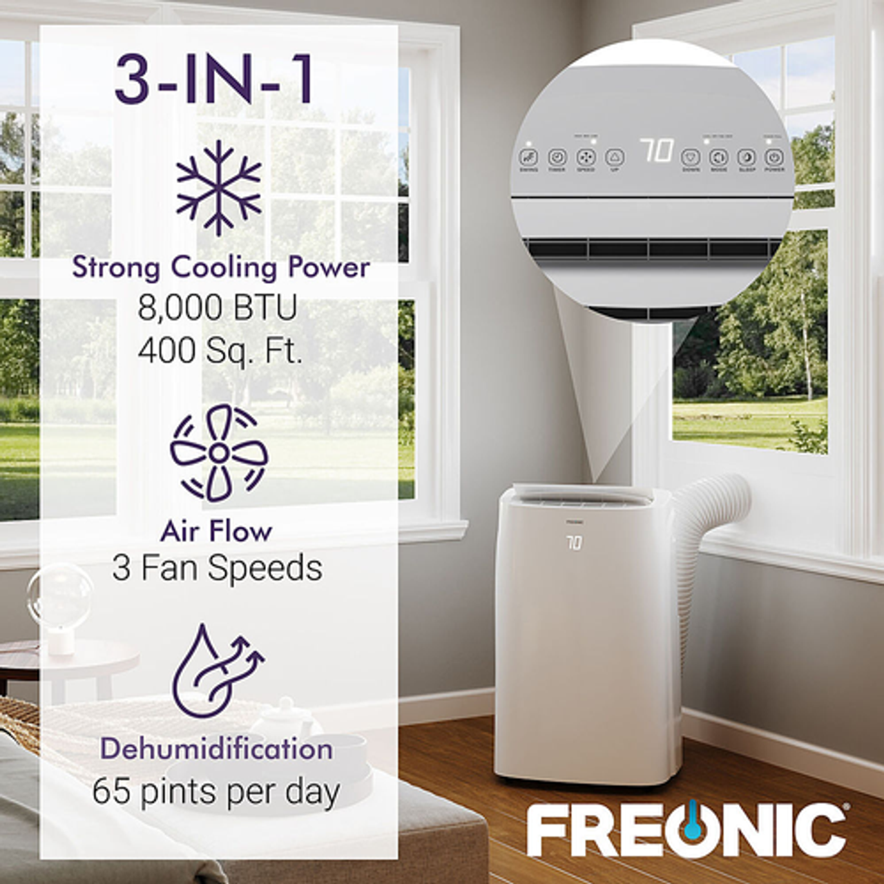 Freonic - 8,000 BTU Portable Air Conditioner | AC for Rooms up to 400 Sq.Ft. | LED Display | Sleep Mode | Dehumidifier - White