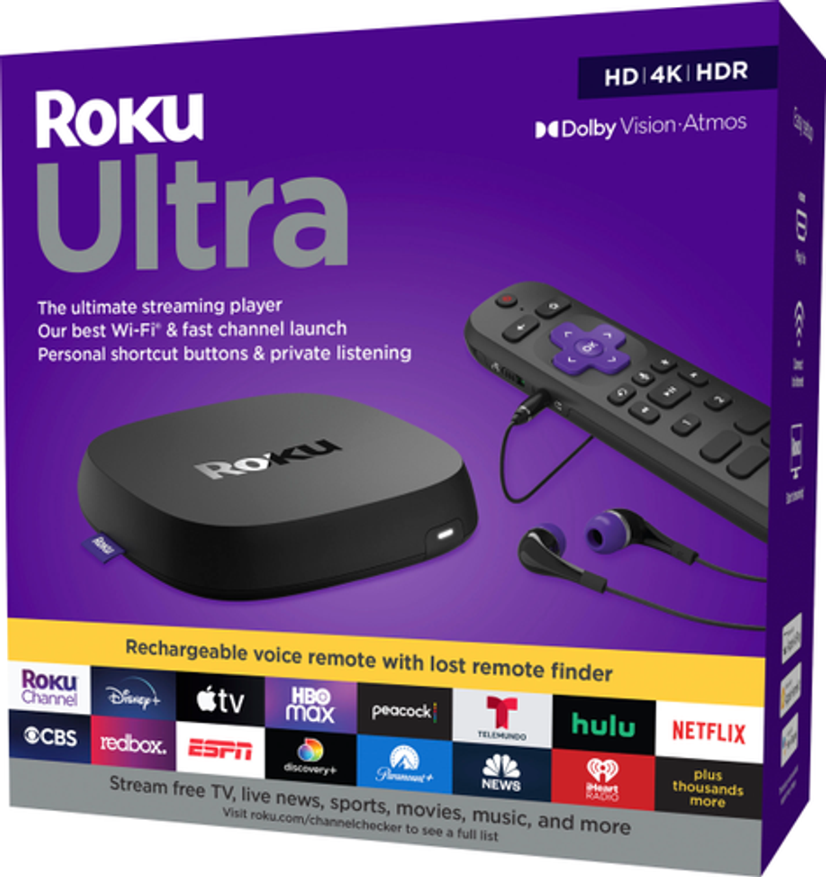 Roku Ultra 2022 4K/HDR/Dolby Vision Streaming Device and Roku Voice Remote Pro with Rechargeable Battery - Black