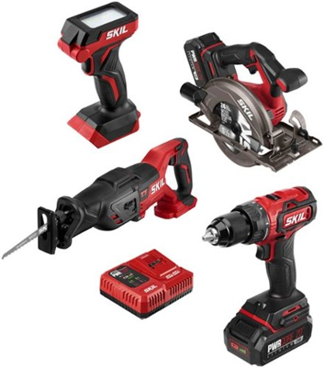 Skil - PWR CORE 20™ Brushless 20V 4-Tool Kit: Drill Driver, Reciprocating Saw, Circular Saw and LED Light - Red/Black