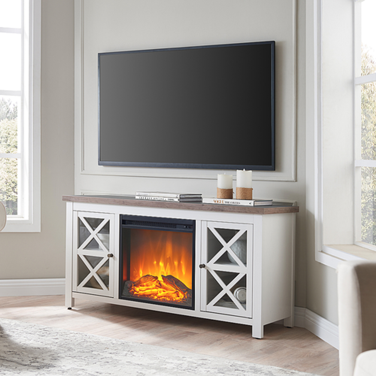 Camden&Wells - Colton Log Fireplace TV Stand for TVs up to 55" - White/Gray Oak