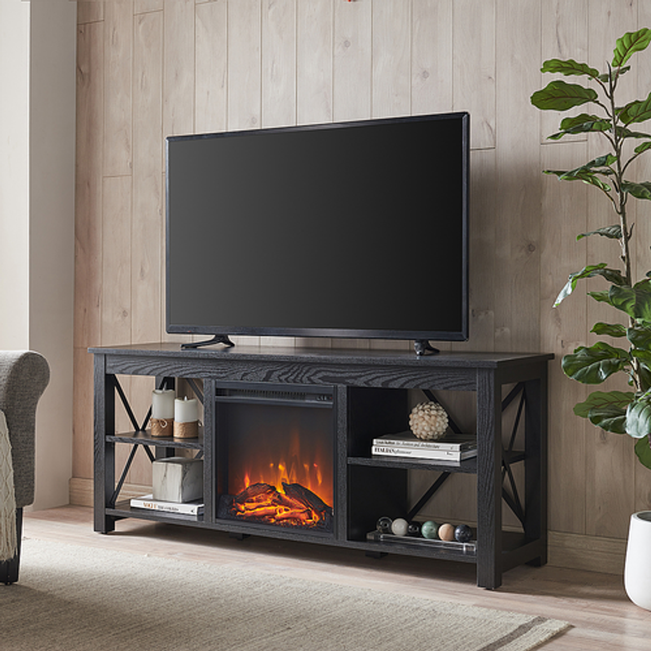 Camden&Wells - Sawyer Log Fireplace TV Stand for TVs up to 65" - Black
