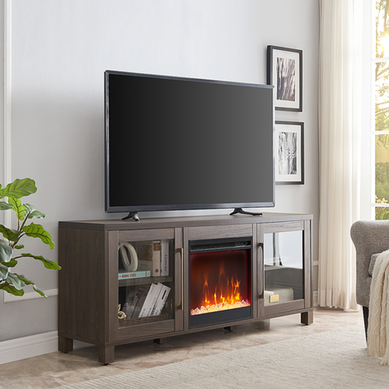 Camden&Wells - Quincy Log Fireplace TV Stand for TVs up to 65" - Alder Brown