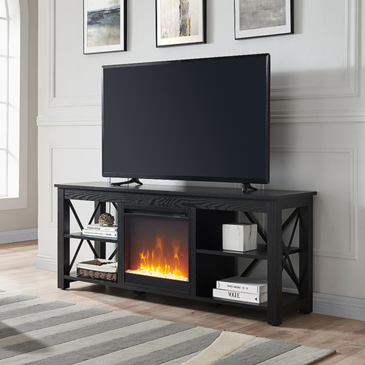 Camden&Wells - Sawyer Crystal Fireplace TV Stand for TVs up to 65" - Black