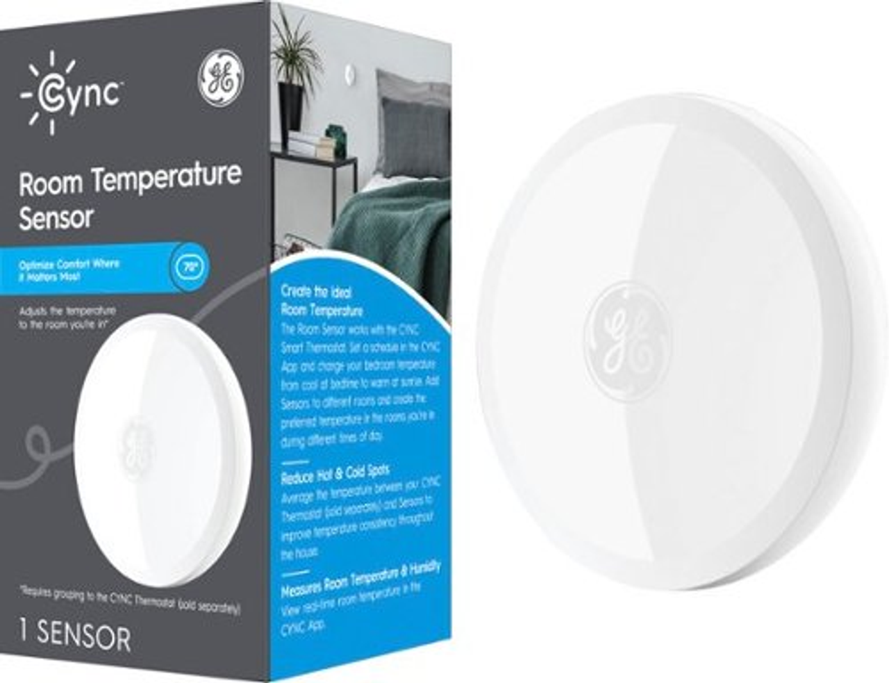 GE CYNC Room Temperature Sensor, Pairs with the CYNC Smart Thermostat (sold separately), White - White