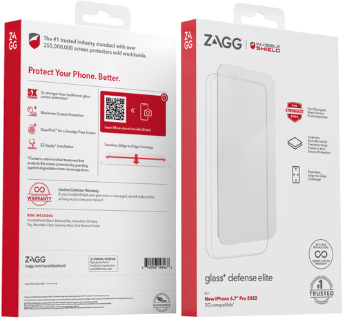 ZAGG - InvisibleShield Glass+ Defense Elite Maximum Edge-to-Edge Impact & Scratch Screen Protector for Apple iPhone 14 Pro Max