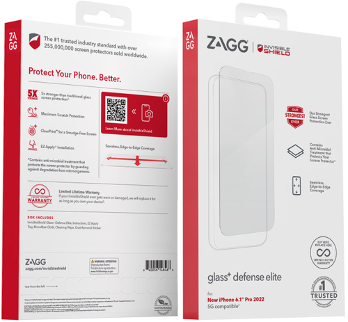 ZAGG - InvisibleShield Glass+ Defense Elite Maximum Edge-to-Edge Impact & Scratch Screen Protector for Apple iPhone 14 Pro