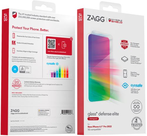 ZAGG - InvisibleShield Glass+ Defense Elite VisionGuard Blue Light Filtering Screen Protector for Apple iPhone 14 Pro