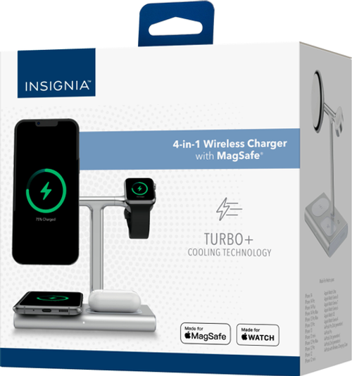 Insignia™ - 4-in-1 Wireless Charger with MagSafe for iPhone 14/13/12 series + Apple Watch + AirPods + other Qi-enabled Devices - Silver
