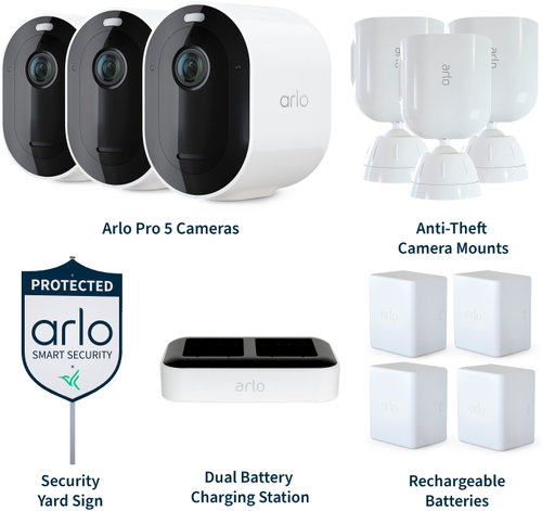 Arlo - Pro 5S 2K Spotlight Camera Security Bundle - 3 Wire-Free Cameras Indoor/Outdoor 2K with Color Night Vision (12 pieces)