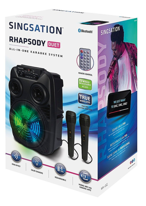 Singsation - RHAPSODY DUET Rechargeable All-in-One Karaoke Party System with 2 Wired Microphones - Black