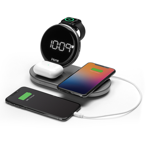 iHome - POWERVALET QUAD+ Compact Alarm Clock with Qi Wireless Fast Charging, Apple Watch Charging and USB Charging