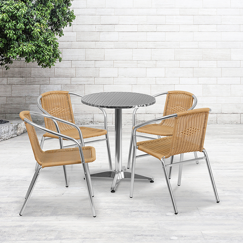 Flash Furniture - Lila Outdoor Round Contemporary Aluminum 5 Patio Table and Chair Set - Beige