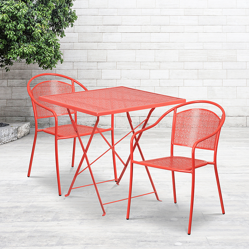 Flash Furniture - Oia Outdoor Square Contemporary Metal 3 Patio Table and Chair Set - Coral