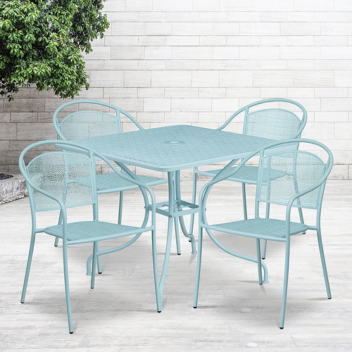 Flash Furniture - Oia Outdoor Square Contemporary Metal 5 Patio Table and Chair Set - Sky Blue