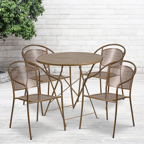 Flash Furniture - Oia Outdoor Round Contemporary Metal 5 Patio Table and Chair Set - Gold