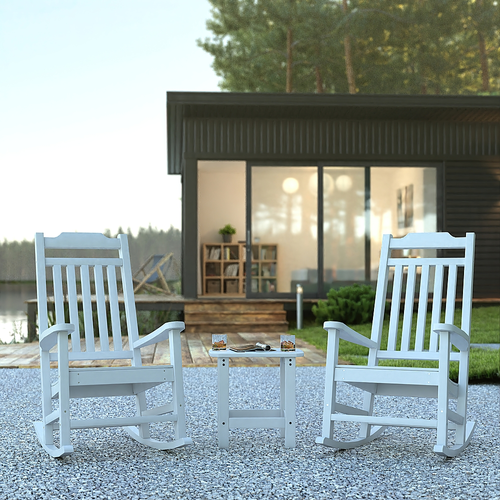 Flash Furniture - Winston Outdoor Rectangle Cottage Resin 3 Rocking Patio Chair and Side Table - White