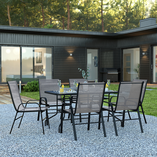 Flash Furniture - Brazos Outdoor Rectangle Contemporary  7 Patio Table and Chair Set - Gray