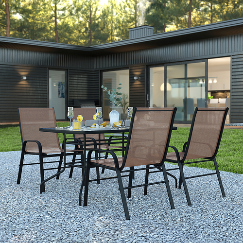 Flash Furniture - Brazos Outdoor Rectangle Contemporary  5 Patio Table and Chair Set - Brown