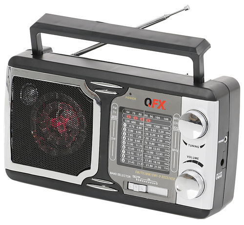 QFX - 12 Band Radio AM/FM/TV, SW 1-9 Radio, 2” Speaker with LED Party Lights - Black