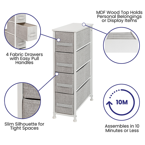 Flash Furniture - 4 Drawer Slim Wood Top Cast Iron Frame Vertical Storage Dresser with Easy Pull Fabric Drawers - White/Gray