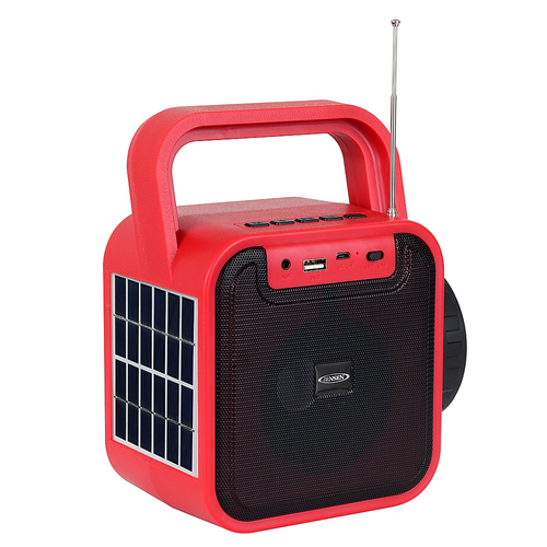 Jensen - Portable Bluetooth Rechargeable Speaker w/ Built-in USB Charging Port, FM Radio, Flashlight, Solar Charging Panel - Black/Red