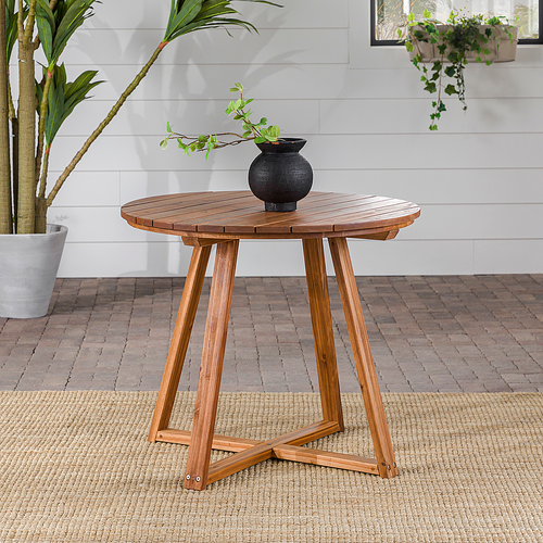 Walker Edison - Modern Solid Acacia Wood Round Outdoor Dining Table - Brown