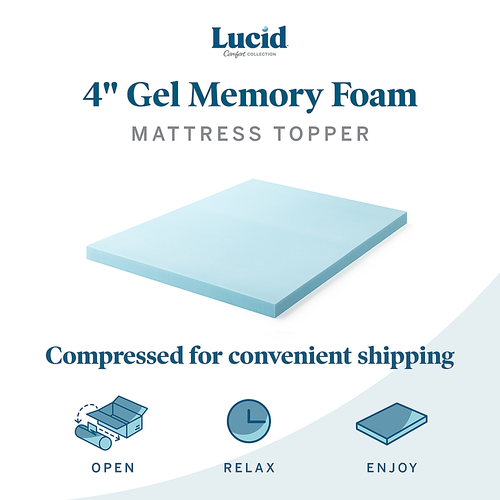 Lucid Comfort Collection 4" Gel Memory Foam Topper, Queen - Blue