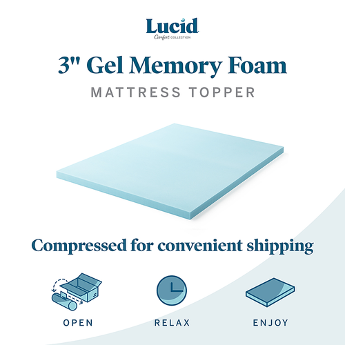 Lucid Comfort Collection 3" Gel Memory Foam Topper, Queen - Blue