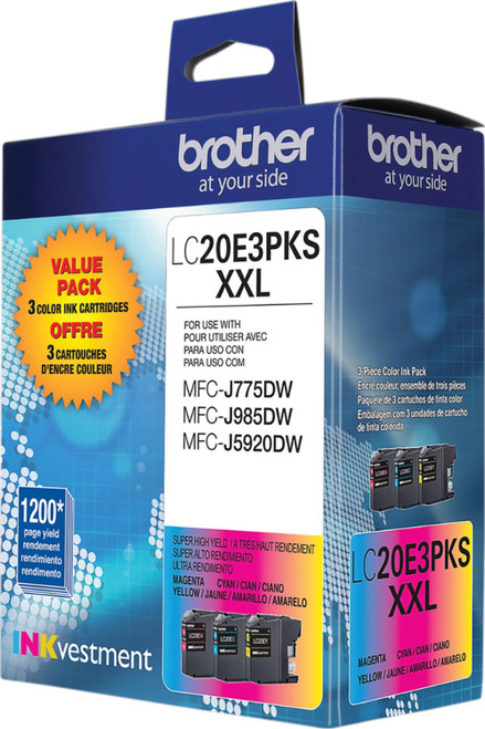 Brother - LC20E3PKS XXL Super High-Yield 3-Pack Ink Cartridges – Cyan/Magenta/Yellow - Cyan/Magenta/Yellow