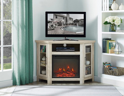 Walker Edison - Wood Fireplace Corner TV Console / Stand for Most TVs Up to 52" - White Oak