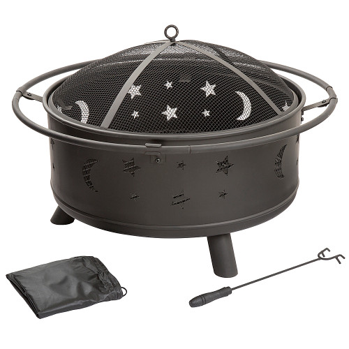 Pure Garden - Fire Pit Set, Wood Burning Pit With Spark Screen, Cover and Log Poker,  30" Round Star and Moon Firepit - Black