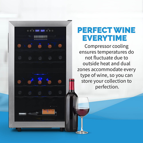 NewAir Freestanding 28 Bottle Dual Zone Compressor Wine Fridge in Stainless Steel - Stainless steel