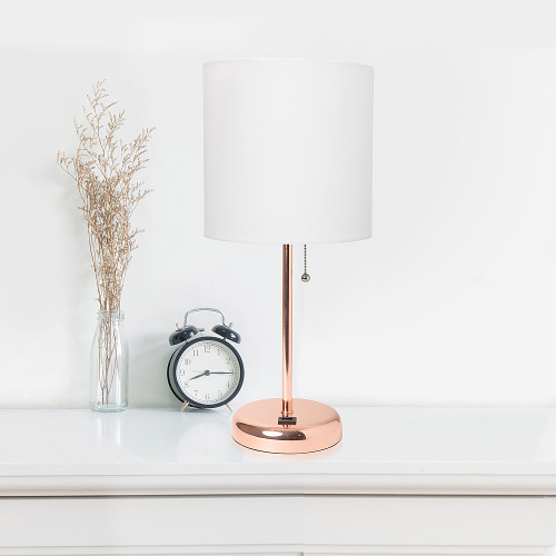 LimeLights Rose Gold Stick Lamp with USB charging port and Fabric Shade, White