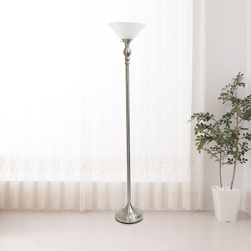 Elegant Designs 1 Light Torchiere Floor Lamp with Marbleized White Glass Shade, Brushed Nickel
