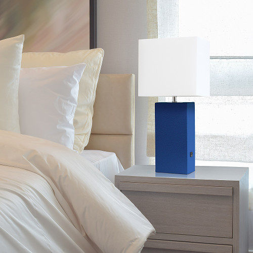 Elegant Designs Modern Leather Table Lamp with USB and White Fabric Shade, Blue
