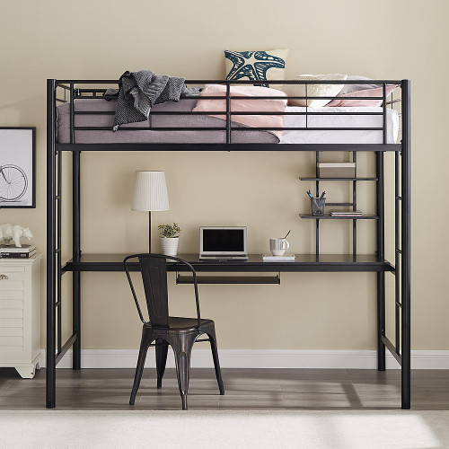 Walker Edison - Premium Metal Full Size Loft Bed with Wood Workstation - Black
