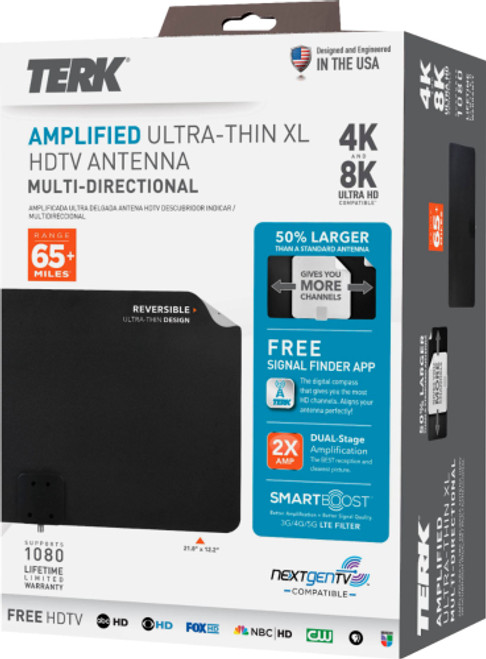 TERK - Amplified Multi-Directional Ultra-Thin XL HDTV Antenna - Reversible for Black or White