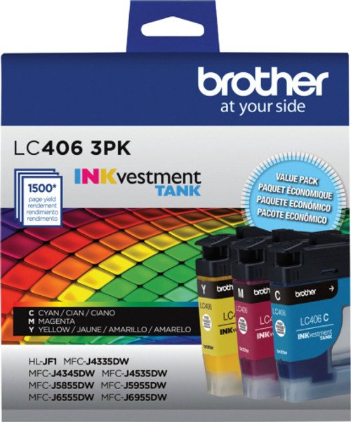 Brother Genuine LC406 3PKS Standard Yield Color INKvestment Tank 3-Pack Ink Cartridges - Multi