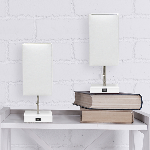 Simple Designs Petite White Stick Lamp with USB Charging Port and Fabric Shade 2 Pack Set, White - White base/White shade