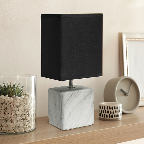 Simple Designs Petite Marbled Ceramic Table Lamp with Fabric Shade, White with Black Shade - White base/Black shade