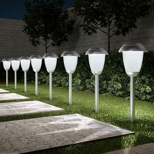 Nature Spring - Solar Path Lights, Set of 8 - 16” Tall Stainless Steel Outdoor Stake Lighting for Garden, Landscape, Yard (Gunmetal) - Gunmetal