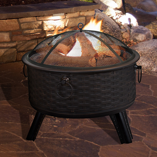 Nature Spring - 26” Woven Metal Round Fire Pit Set, Wood Burning Pit Great for Outdoor and Patio - Bronze